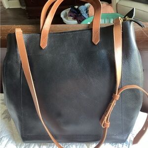 Madewell Black Transport Leather Tote with Tan Straps